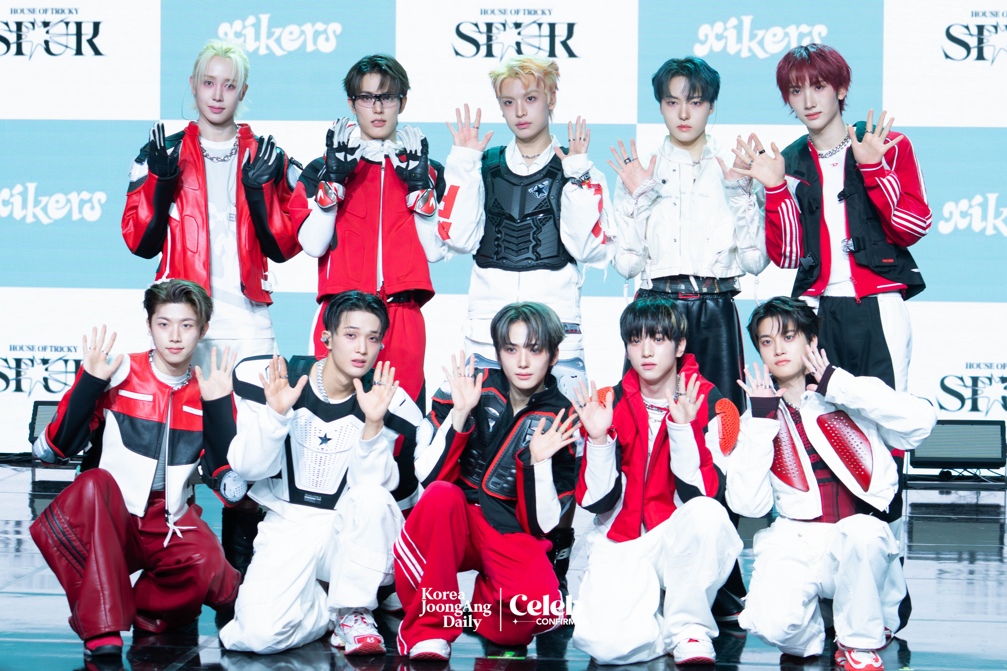 Boy band xikers poses for photos during a showcase held on April 3 at the Ilchi Art Hall in Gangnam District, southern Seoul for the release of the fifth EP, ″House of Tricky: Spur.” [DANIELA GONZALEZ PEREZ]