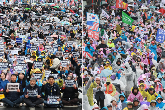Rallies supporting, left, and opposing the Constitutional Court's decision to remove Yoon Suk Yeol as the president of Korea are held in central Seoul on April 5. [YONHAP]