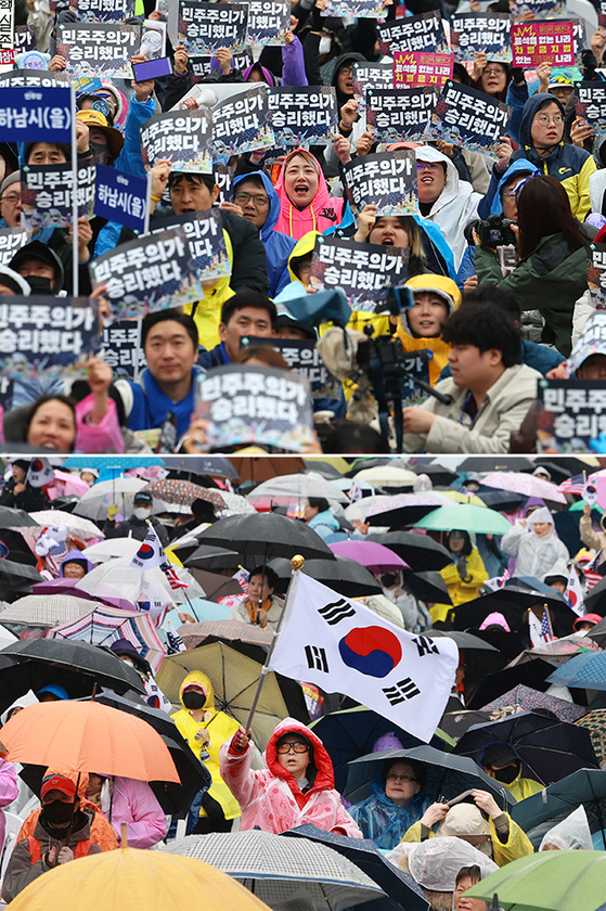 Rallies supporting, top, and opposing the Constitutional Court's decision to remove Yoon Suk Yeol as the president of Korea are held in central Seoul on April 5. [YONHAP]
