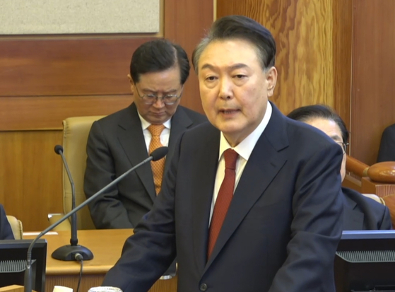 President Yoon Suk Yeol speaks at the 11th and final hearing of his impeachment trial at the Constitutional Court in Jongno District, central Seoul, on Feb. 25. [CONSTITUTIONAL COURT]