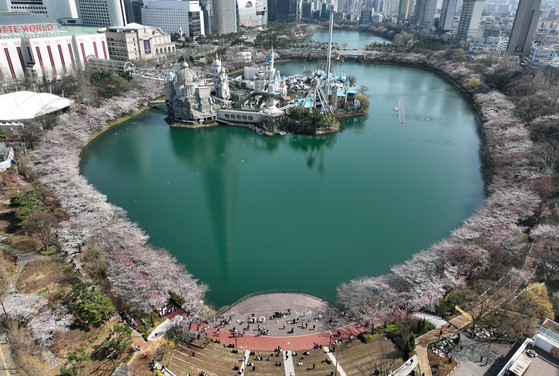 People enjoy the cherry blossoms in Seokchon, southern Seoul, on April 6. [YONHAP] 
