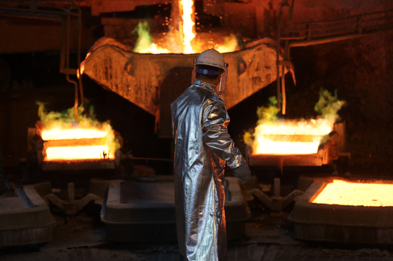 An employee works at LS MnM's Onsan copper smelter in Ulsan in August 2023 [YONHAP] 
