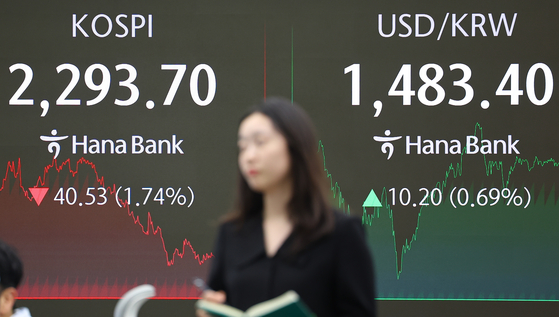 A screen in Hana Bank's trading room in central Seoul shows the Kospi closing at 2,293.70 points on April 9, down 40.53 points, or 1.74 percent, from the previous trading session. [YONHAP]