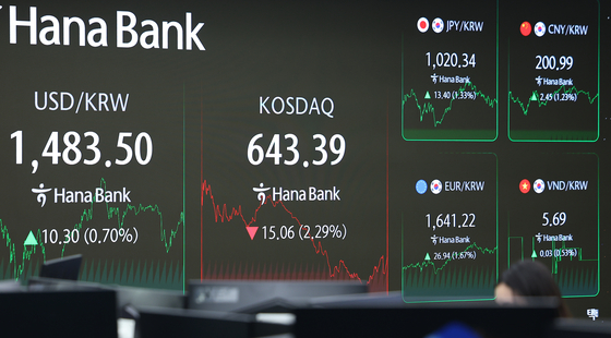 A screen in Hana Bank's trading room in central Seoul shows the Kospi closing at 2,293.70 points on April 9, down 40.53 points, or 1.74 percent, from the previous trading session. The won closed at 1,484.1 against the dollar in onshore trading, up 10.9 won from the previous session — its weakest finish in 16 years since March 12, 2009. [YONHAP]