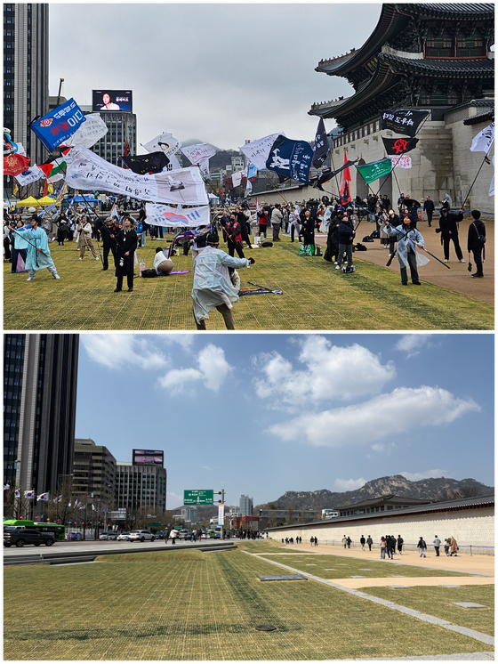 The Gyeongbok Palace grounds in central Seoul on April 5, top, and April 8 [JOONGANG ILBO]