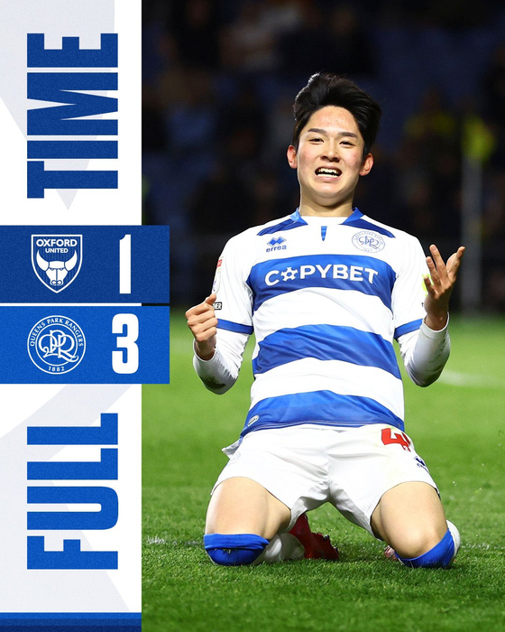 QPR midfielder Yang Min-hyeok celebrates scoring against Oxford United in a photo shared on the club's official X account on April 9. [SCREEN CAPTURE]