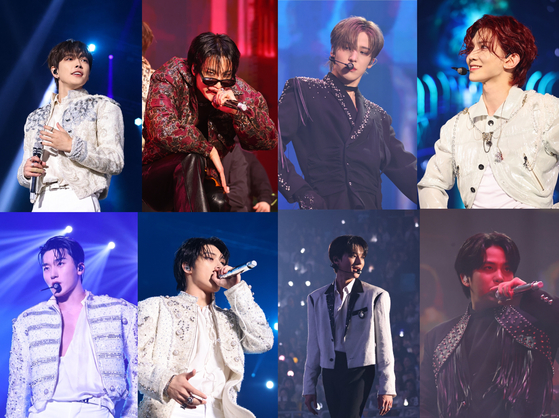 Members of boy band Ateez during the band's “Towards the Light: Will to Power” finale concerts held on March 22 and 23 at the KSPO Dome in southern Seoul [KQ ENTERTAINMENT]
