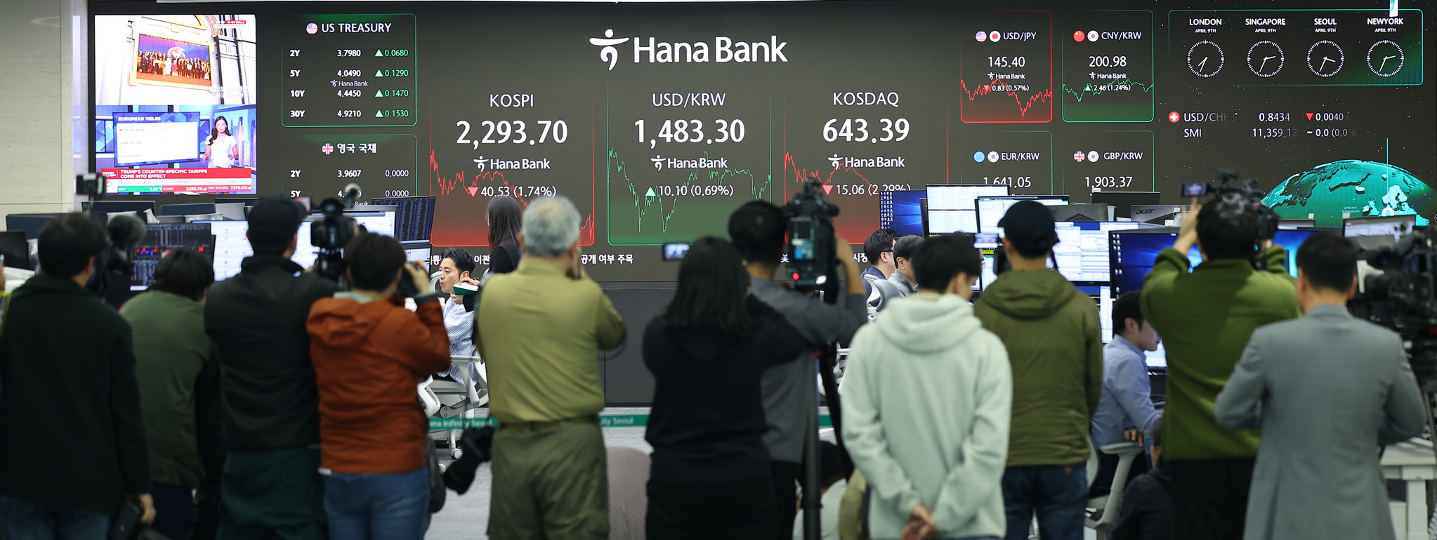 As the United States’ reciprocal tariffs took effect on April 9, and the KOSPI fell below the 2,300 mark, reporters visited the dealing room at Hana Bank’s headquarters in Jung District, central Seoul, to photograph a screen displaying the plunging index. [YONHAP]