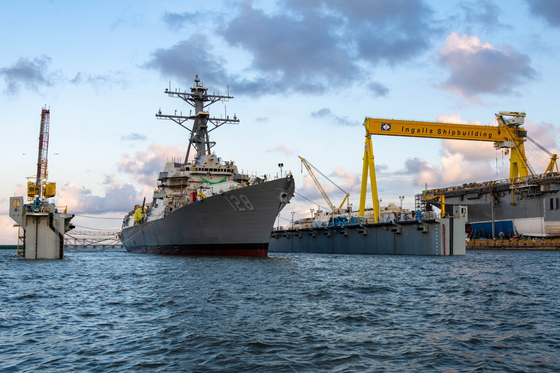 The Arleigh Burke-class Aegis destroyer Ted Stevens takes to the water at Ingalls Shipbuilding. [HD HYUNDAI HEAVY INDUSTRIES]