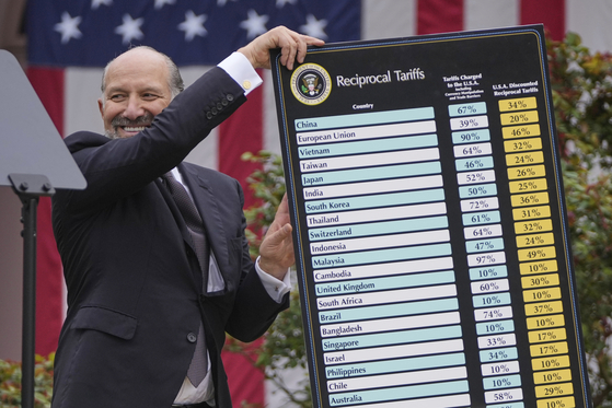 Commerce Secretary Howard Lutnick holds a chart as U.S. President Donald Trump speaks during an event to announce new tariffs in the Rose Garden at the White House on April 2 in Washington. [AP/YONHAP]