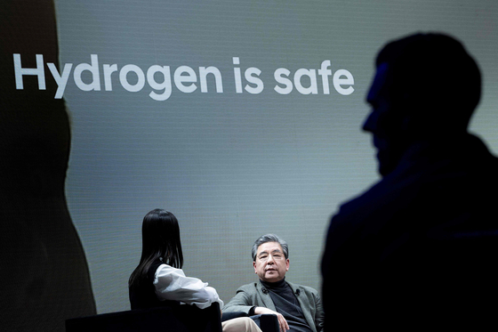 Hyundai Motor Group Vice Chairman speaks about the company's hydrogen strategies at the CES 2024 on Jan. 8, 2024 in Las Vegas. [AFP/YONHAP]