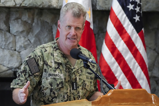 U.S. Indo-Pacific Command Commander Admiral Samuel Paparo gestures during a press conference at the Philippine Military Academy in Baguio, northern Philippines, on Aug. 29, 2024. [AP/YONHAP]