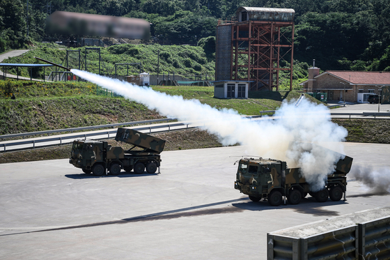 The Chunmoo multiple launch rocket system fires missiles off Yeonpyeong Island in the Yellow Sea on June 26, 2024. [YONHAP] 