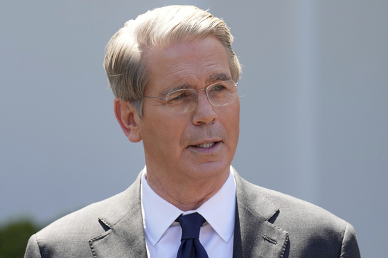 U.S. Treasury Secretary Scott Bessent speaks to reporters outside the West Wing of the White House on April 9. [AP/YONHAP]