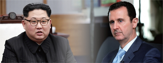 North Korean leader Kim Jong-un, left, and then-Syrian President Bashar al-Assad [JOONGANG ILBO]