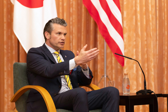 U.S. Secretary of Defense Pete Hegseth gives his opening speech at the beginning of his meeting with Japanese Prime Minister Shigeru Ishiba at the prime minister's office in Tokyo on March 30. [AP/YONHAP]