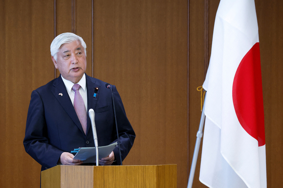Gen Nakatani, Japan's Defense Minister, speaks during a joint news conference with U.S. Secretary of Defense Pete Hegseth, at the Ministry of Defense in Tokyo on March 30. [REUTERS/YONHAP]