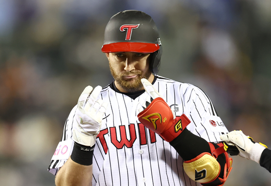 LG Twins outfielder Austin Dean celebrates during a KBO game against the Hanwha Eagles at Jamsil Baseball Stadium in southern Seoul on March 25. [YONHAP] 