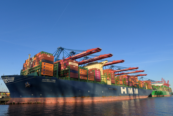 The Korean container ship HMM Stockholm is loaded at a terminal at a harbour in Hamburg, Germany, on April 3. [REUTERS/YONHAP]