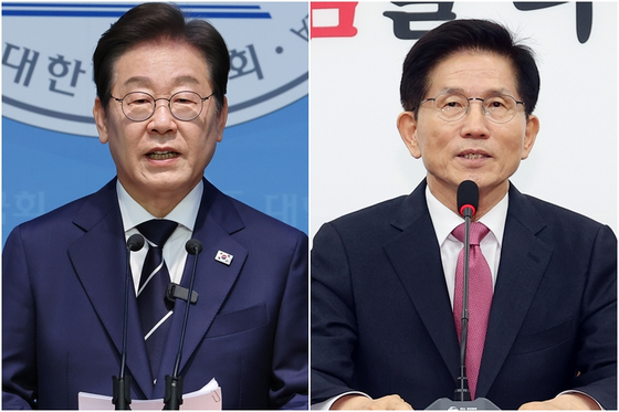 Lee Jae-myung, left, former leader of the liberal Democratic Party, and former Labor Minister Kim Moon-soo. [YONHAP] 