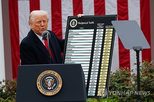 U.S. President Donald Trump delivers remarks on tariffs in the Rose Garden at the White House in Washington on April 2.  [REUTERS/YONHAP] 