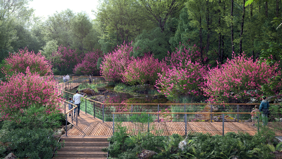 A 3-D rendering image of Yeongjiwon inside Namsan's forest garden. Reflecting the features of traditional Korean gardens, the area incorporates a pond and crape myrtle trees, offering visitors a tranquil space to relax while taking in the natural beauty mirrored in the water. [SEOUL METROPOLITAN GOVERNMENT]