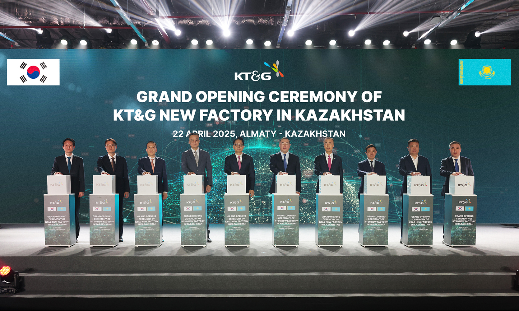 KT&G CEO Bang Kyung-man, fifth from left, Almaty Gov. Marat Sultangaziev, sixth from left, and Korean Ambassador to Kazakhstan Cho Tae-ick, seventh from left, pose for a photo following an opening ceremony on April 22 for the tobacco firm's new factory in Kazakhstan that is set to become the company's production hub for the Eurasian market. [KT&G]