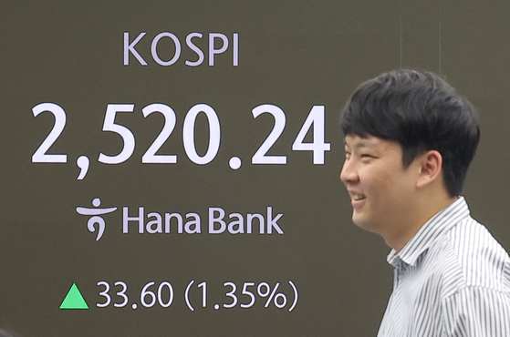 A screen in Hana Bank's trading room in central Seoul shows the Kospi opening on April 23. [YONHAP] 