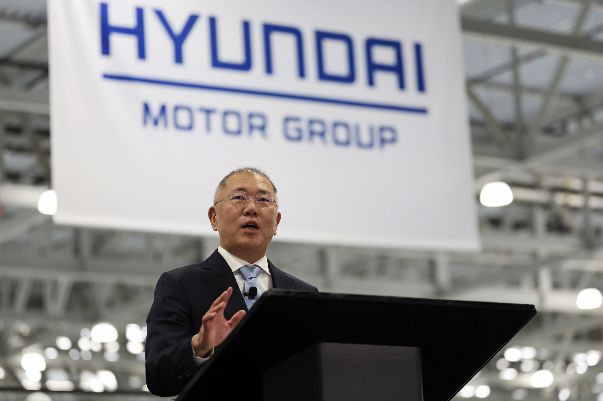 Hyundai Motor Group Executive Chair Euisun Chung speaks during the grand opening of the Hyundai Motor Group Metaplant America on March 26 in Ellabell. [HYUNDAI MOTOR]