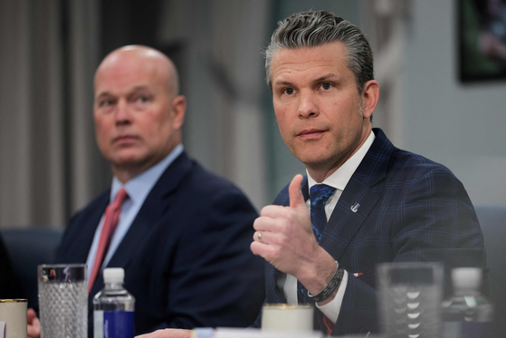 U.S. Secretary of Defense Pete Hegseth speaks during a bilateral meeting with NATO Secretary General Mark Rutte at the Pentagon in Arlington, Virginia on April 24. [AFP/YONHAP]