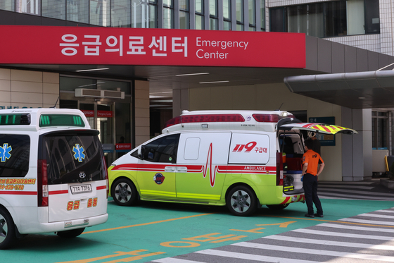 Ambulances are seen in front of emergency room at a general hospital in Seoul in August 2024 [YONHAP] 