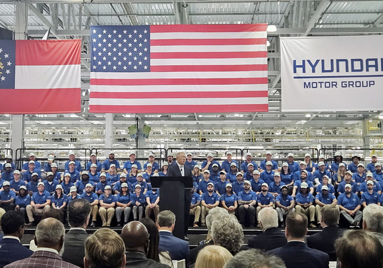 Hyundai Motor Group Executive Chair Euisun Chung, center, speaks during the opening ceremony for Hyundai Motor Group Metaplant America in Ellabell, Georgia, on March 26. [EPA/YONHAP]