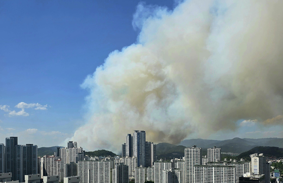 Smoke from a wildfire that broke out on Mount Hamji in Daegu is pictured on April 28. [NEWS1] 