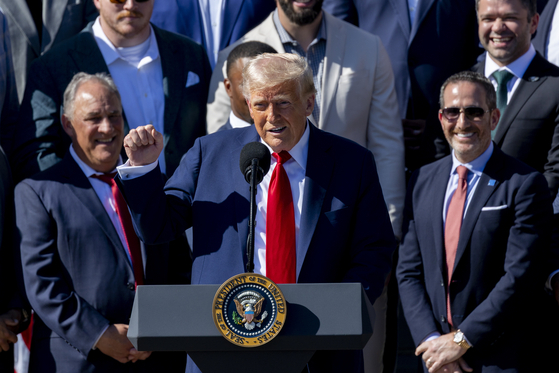U.S. President Donald Trump delivers remarks during a visit with the 2025 Super Bowl champions, the Philadelphia Eagles, on the South Lawn of the White House in Washington on April 28. [EPA/YONHAP]