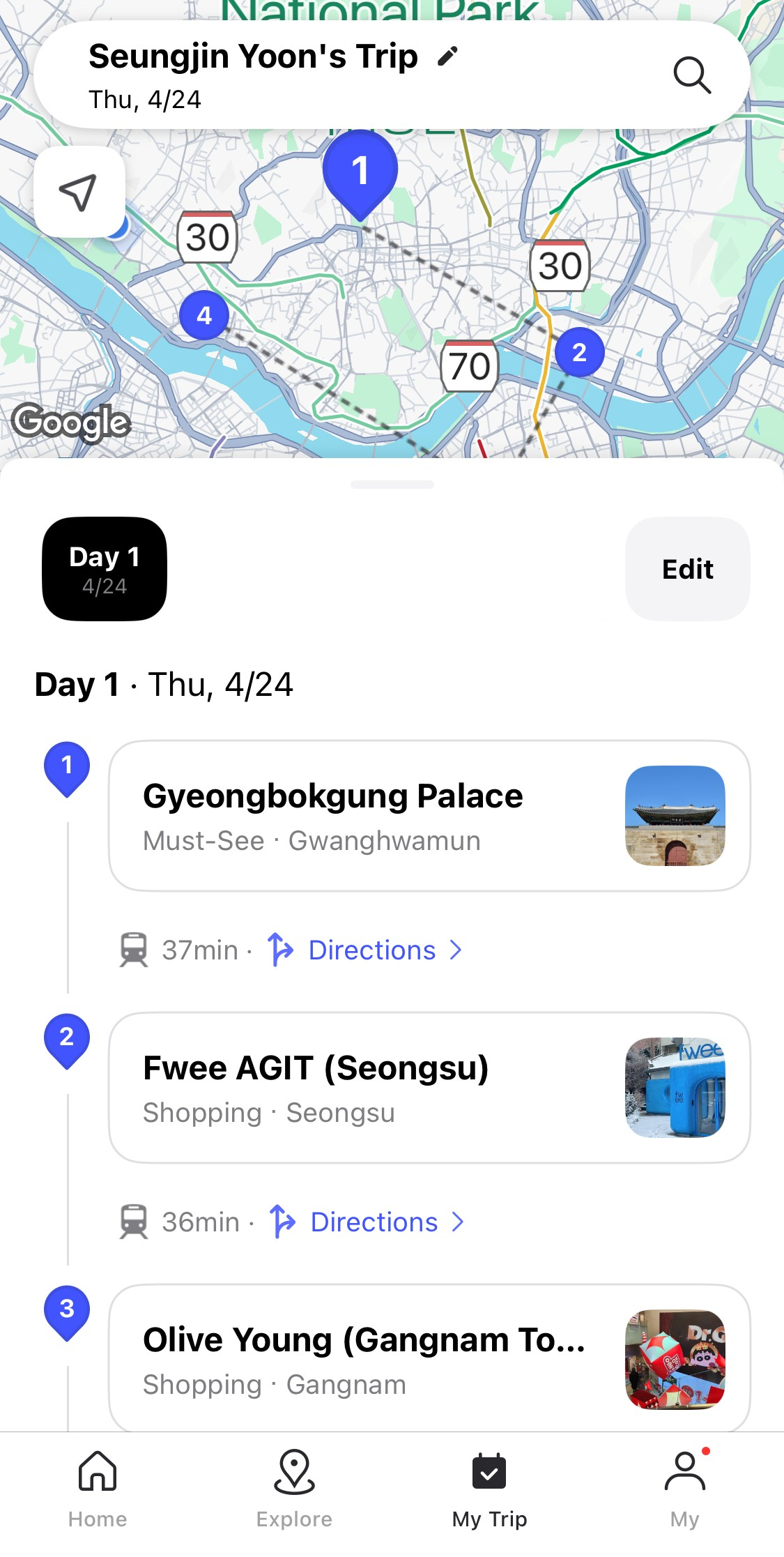 An itinery made by Interpark Global's AI-driven system based on the user's preference [SCREEN CAPTURE]