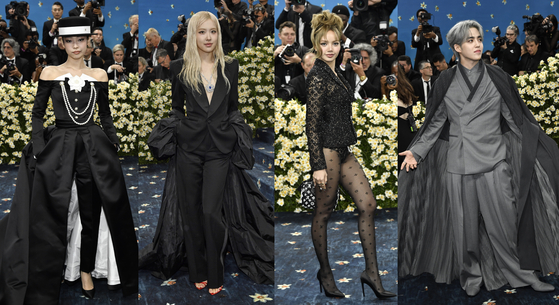 K-pop singers at the 2025 Met Gala, from left: Jennie, Rose, Lisa and S.Coups [AP/YONHAP]