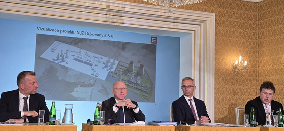 Executives of the Czech Republic's state-run CEZ, including CEO Daniel Benes, second from left, speak about a delay in the signing of an $18 billion contract with Korea Hydro & Nuclear Power during a press briefing in Prague on May 7. [JOINT PRESS CORPS]