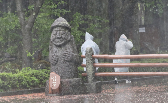 Heavy rainfall accompanied by strong winds sweeps across much of Jeju Island on May 9, prompting visitors at Jeolmul Natural Recreation Forest in Jeju City to make hasty exits. [NEWS1]