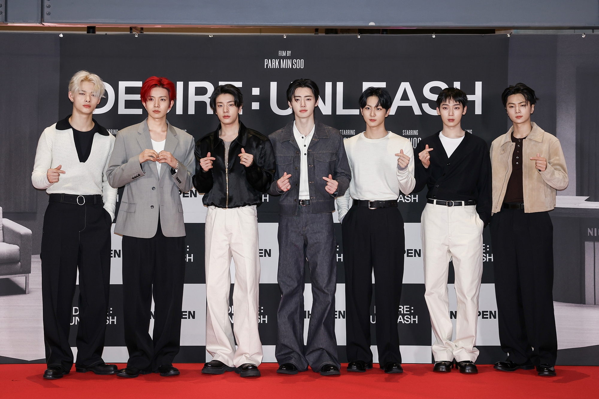 Boy band Enhypen poses for the cameras at its short film “Desire: Unleash″ premiere event held at Megabox, Coex branch in Gangnam District, southern Seoul on May 11. [BELIFT LAB] 