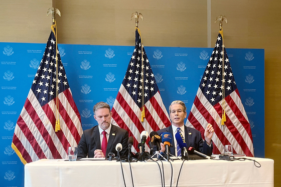 U.S. Treasury Secretary Scott Bessent and U.S. Trade Rep. Jamieson Greer attend a news conference after trade talks with China in Geneva on May 12,. [REUTERS]