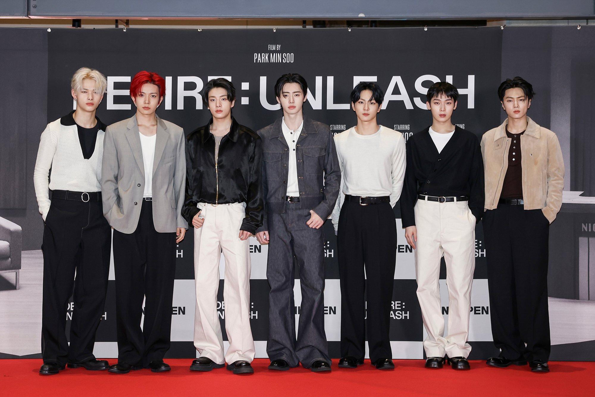 Boy band Enhypen poses for the cameras at its short film “Desire: Unleash″ premiere event held at Megabox, Coex branch in Gangnam District, southern Seoul on May 11. [BELIFT LAB] 