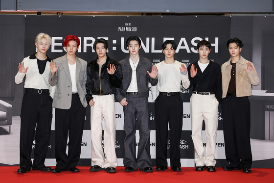 Boy band Enhypen poses for the cameras at its short film “Desire: Unleash″ premiere event held at Megabox, Coex branch in Gangnam District, southern Seoul on May 11. [BELIFT LAB] 