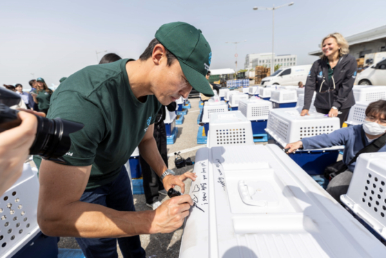 Actor Daniel Henney writes a message of hope on a rescue dog's cage on May 8. [HUMANE WORLD FOR ANIMALS]