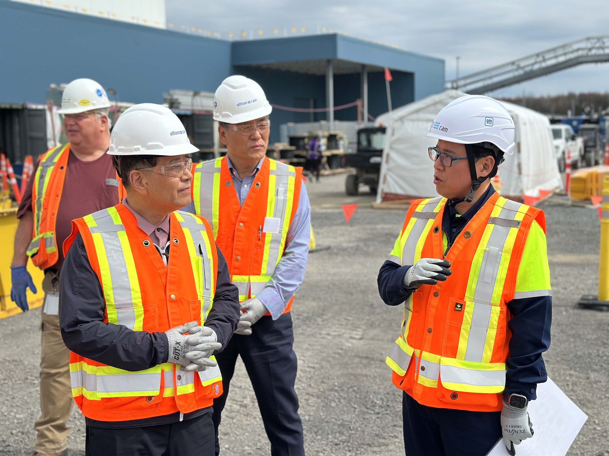 Posco Group Chairman Chang In-hwa, far left, visits the construction site of Ultium CAM, Posco's cathode materials joint venture with General Motors in Quebec, Canada, on April 29. [POSCO]