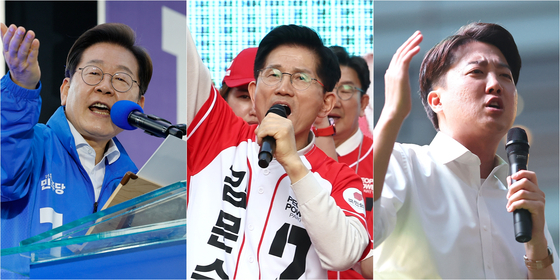 This composite photo shows, from left, Lee Jae-myung, presidential candidate of the Democratic Party, Kim Moon-soo, presidential candidate of the People Power Party and Lee Jun-seok, presidential candidate of the minor Reform Party. [YONHAP]