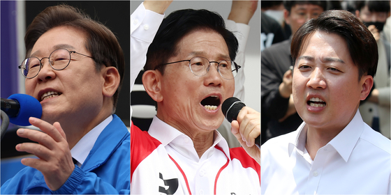 From left: Democratic Party presidential candidate Lee Jae-myung, People Power Party presidential candidate Kim Moon-soo and Reform Party presidential candidate Lee Jun-seok campaign at Daegu, Ulsan and Daegu, respectively, on May 13. [YONHAP] 