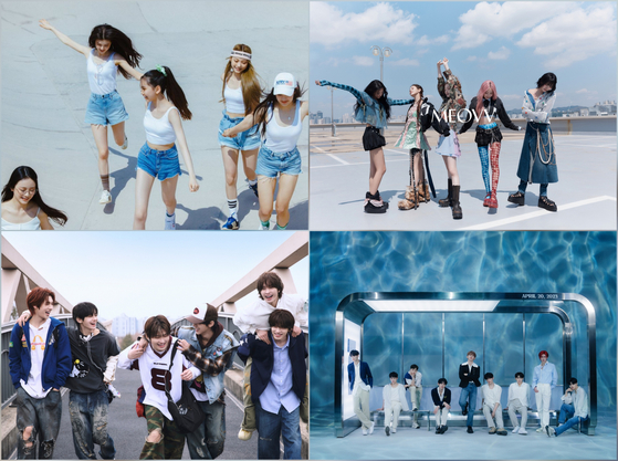 Clockwise from top left: Girl group NewJeans from ADOR, Meovv from The Black Label, boy band ZeroBaseOne from WakeOne Entertainment and TWS from Pledis Entertainment [EACH COMPANY]