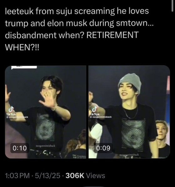 A post on social media platform X with an audio of Leeteuk allegedly saying ″I love Trump.″ The singers in the image are other members of the boy band Super Junior. [SCREEN CAPTURE]
