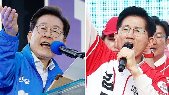 Democratic Party presidential candidate Lee Jae-myung, left, and People Power Party candidate Kim Moon-soo speak at rallies in Daejeon and Daegu, respectively, on May 12. [YONHAP] 