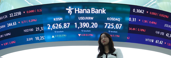 A screen in Hana Bank's trading room in central Seoul shows the Kospi closing at 2,626.87 points on May 16, up 5.51 points, or 0.21 percent, from the previous trading session. [YONHAP]